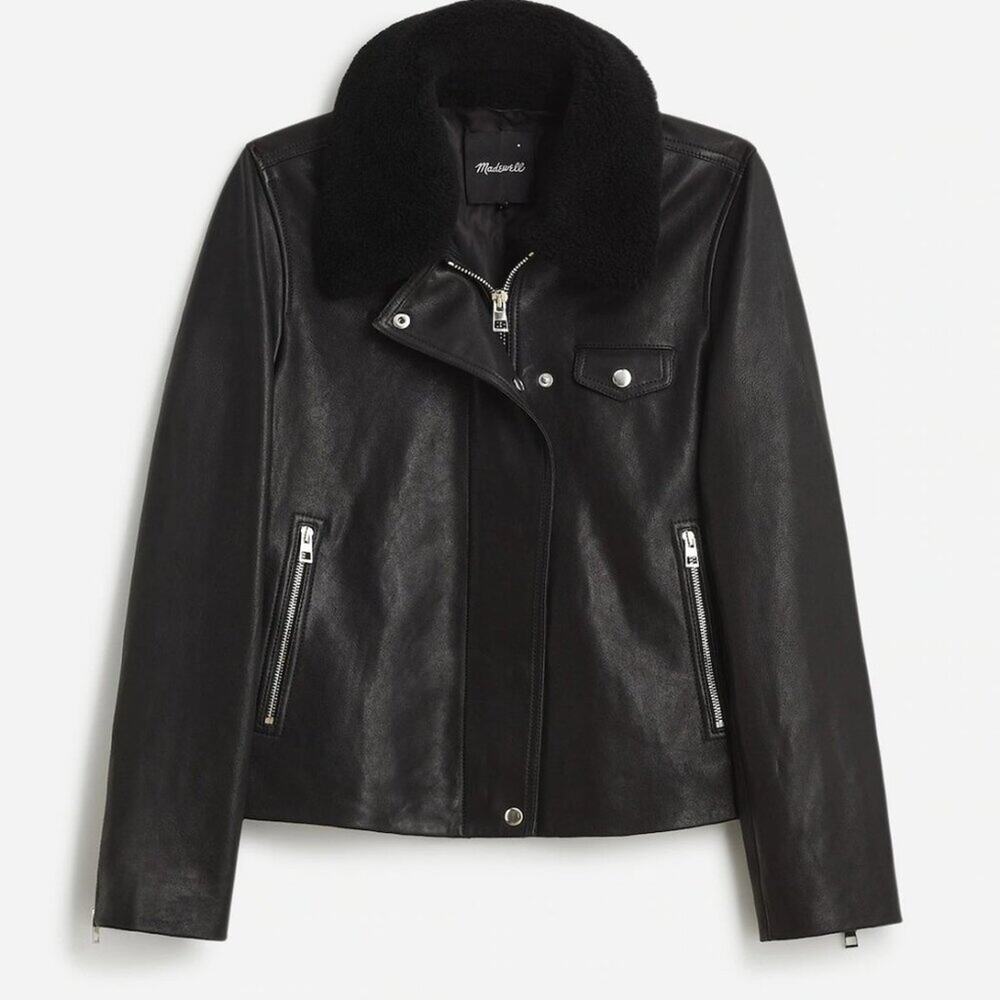 NWT Madewell Sherpa-Collar Asymmetric Zip-Front Jacket in Leather Size XXS